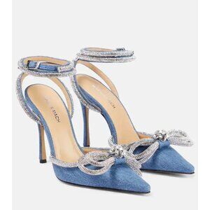 NEW Mach & Mach Double Bow 110 Rhinestone Embellished Denim Pumps Size 6.5 US
